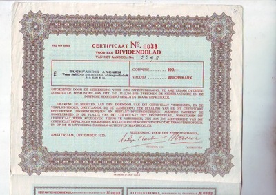 Certyfikat na dywidendę, 100 RM, Tuchfabrik Aachen (Akwizgran), A`dam 1935