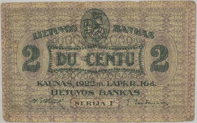 16.dbr.Litwa, 2 Centu 1922 rzadki, P.8.a, St.3