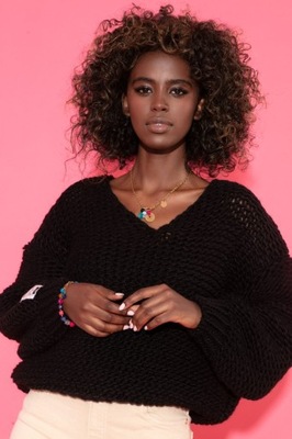 Luźny Sweter z dekoltem w serek chunky knit BLACK F1379