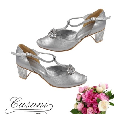 Casani srebrne szerokie buty 38 39 haluks ślubne