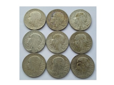 5 ZŁOTYCH 1932,1933,1934 -GŁOWA KOBIETY-9 MONET