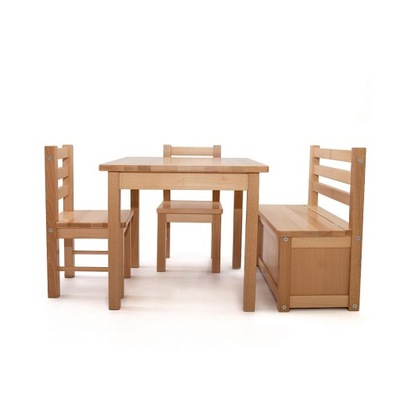 Zestaw drewnianych mebli dziecięcych stół, 2 krzesełka, ławeczka, drewno