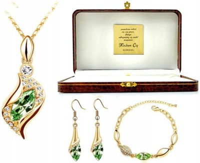 Złoty komplet biżuterii pozłacane zielone cyrkonie łezki z grawerem prezent