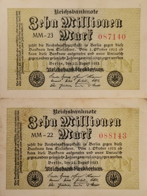 2 Banknoty 10 milionów marek 1923 MM-22/23 komplet