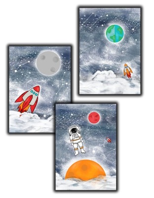 3 szt Plakat kosmos planety astronauta rakieta a3