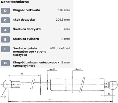 ПРУЖИНА ГАЗОВАЯ (L MAX-502MM, L MIN-304MM, SUW-198MM, SIŁA WYRZUTU 230