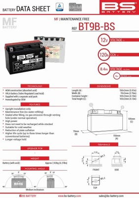 BS BATERÍA BT9B-BS (YT9B-BS) 12V 8AH 150X70X105 BEZOBSLUGOWY - ELEKTROLI  