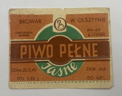 Etykieta piwo pełne jasne Browar w Olsztynie