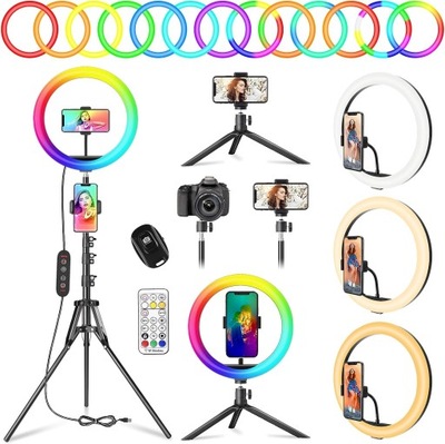 LAMPA PIERŚCIENIOWA USB LED RGB ZE STATYWEM MAKIJAŻ VLOG SIELFIE