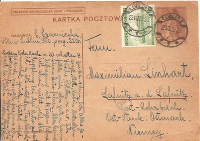 LUBLIN -NIEMCY -kartka pocztowa -obieg sierpień 1939 roku Cp81