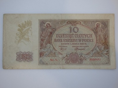 Polska - 10 złotych - 1940 - seria L z kropką