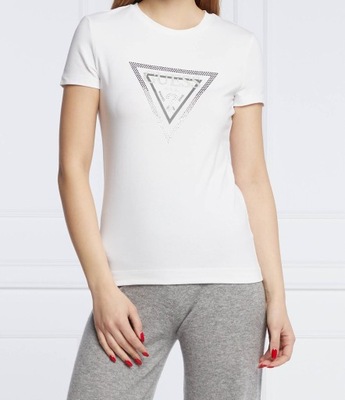 GUESS biały t-shirt cyrkonie brokat nadruk logo XS