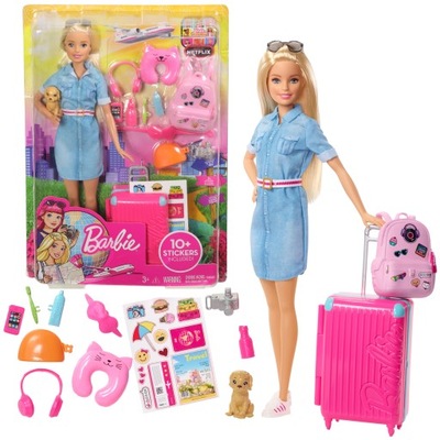 Lalka Barbie - podróżniczka z walizką FWV25 24 cm