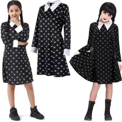 PRZEBRANIE WEDNESDAY ADDAMS SUKIENKA PERUKA ROZMIAR S 110-115 STRÓJ -