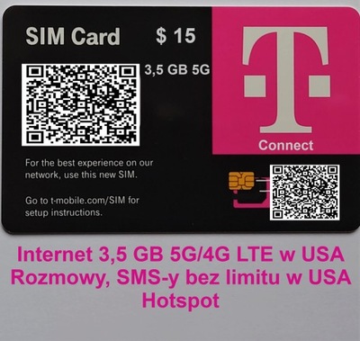 e SIM USA T-mobile, Internet 4G/5G 3,5 GB, rozmowy i SMS-y w USA bez limitu
