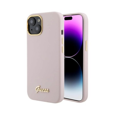 Etui Guess Silikonowe Script Metalowe Logo Ramka Różowe - iPhone 15