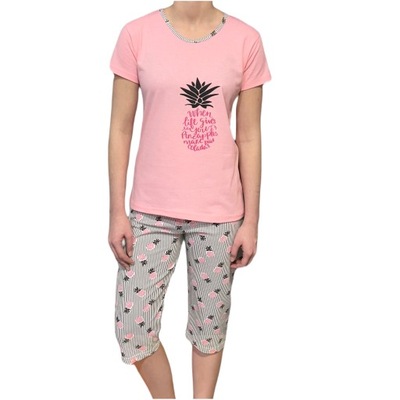 Piżama damska różowy krótki rękaw ananas L