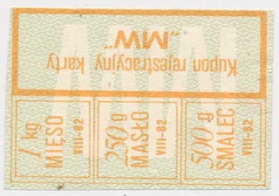 7476. PRL Kartka żywnościowa 1982 Sierpień Mięso - Masło - Smalec MW