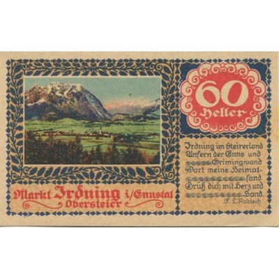 Banknot, Austria, Irdning, 60 Heller, paysage, UNC