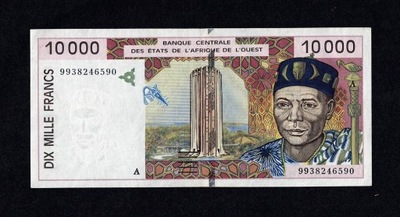 AFRYKA ZACHODNIA, WYBRZEŻE KOŚCI SŁONIOWEJ 10000 FRANKÓW 1999 P-114Ah XF+