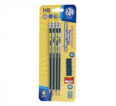 Ołówki grafitowe HB z gumką, 4szt. + temperówka, n