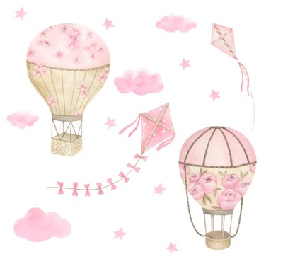 Naklejka na ścianę watercolor balony gwiazdki chmurki balony róż