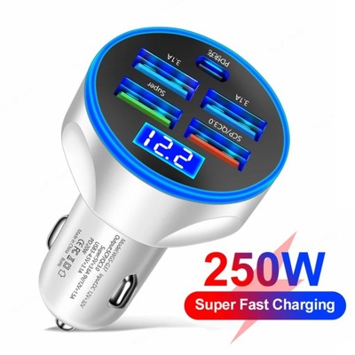 5 Ports USB Car Charger Type-C 250W Fast Charging PD QC3.0 Car Charger 