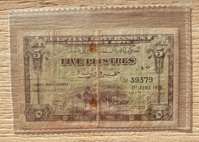5 Five Piastres Egipt Banknot 1918r