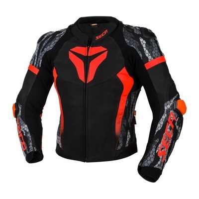 CHAQUETA MOTOCICLETA CUERO SECA SRS II FLUO ROJO REGALO  