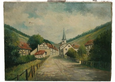 WIOSKA W GÓRACH Z WIDOKIEM NA KOŚCIÓŁ -STARY OBRAZ