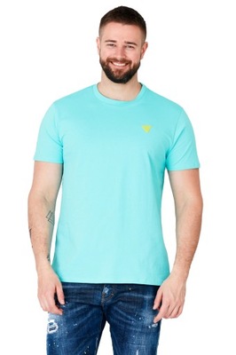 GUESS Turkusowy t-shirt męski z żółtym logo r S