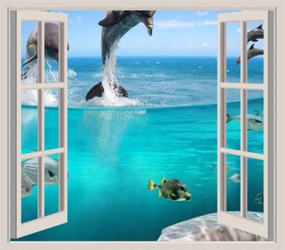 FOTOTAPETA 3D OKNO widok ocean delfiny woda morze