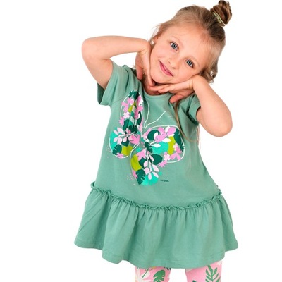 Tunika bluzka dziewczęca rozkloszowana bawełna 158 zielona z motylem Endo