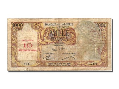 Banknot, Algieria, 10 NF on 1000 Francs, 1958, 195