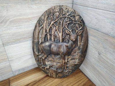 Obraz płaskorzeźba drewniana myślistwo motyw łowiecki JELEŃ las 50cm