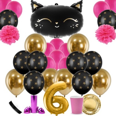 Balon na 6 Urodziny Dziewczynki Dekoracja Czarny KOTEK dla 6 LATKI złoto