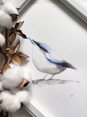Ręcznie malowana akwarela- ptaszek kowalik