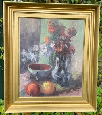 Obraz olejny na płótnie - sygnatura - bukiet kwiatów i jabłka 51 cm x 60 cm