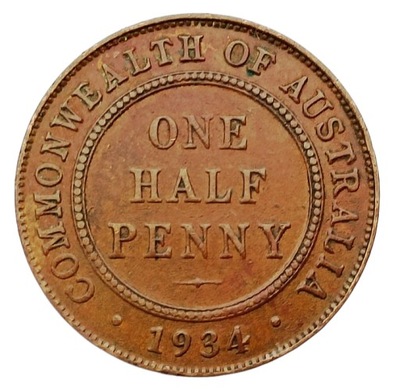 AUSTRALIA 1 HALF PENNY (1/2 PENNY) 1934 KRÓL GEORGE V