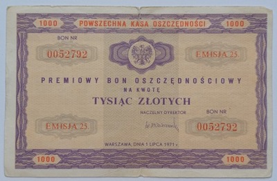 Premiowy Bon Oszczędnościowy 1000 zł 1971 rok