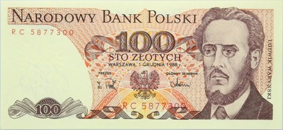 PRL BANKNOT 100 Złotych 1988 - WARYŃSKI - Stan UNC