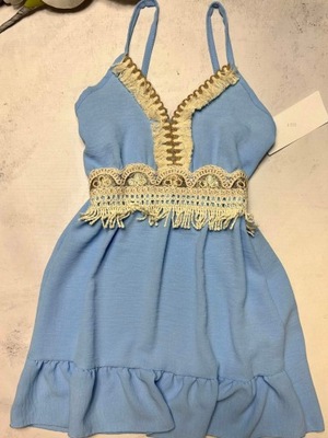 116 122 sukienka lato niebieska zwiewna na ramiączkach słomiane dodatki