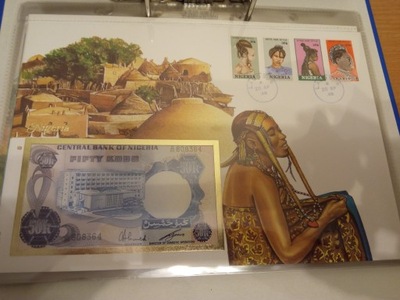 Koperta Filatelistyczna z Banknotem 50 Kobo Nigeria