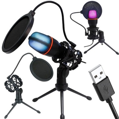 MIKROFON STUDYJNY USB RGB STATYW DO KOMPUTERA STREAM GAMING KARDIOIDALNY