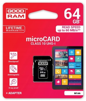 GOODRAM 64 GB micro SDXC Class 10 UHS-1 +SD 60MB/s