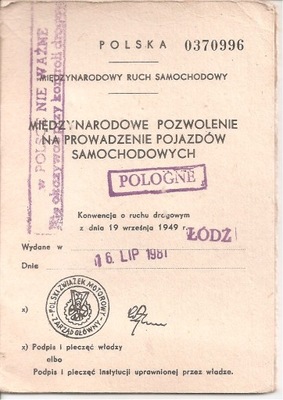 MIĘDZYNARODOWE PRAWO JAZDY Z 1981 ROKU.