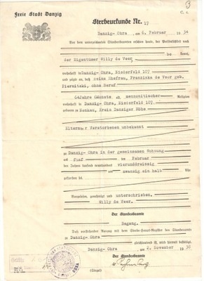 Mennonici-Wolne Miasto Gdańsk dokument Gdańsk 1938