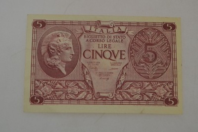 Włochy - banknot - 5 Lira 1944 rok