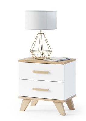 SZAFKA NOCNA STOLIK NOCNY SYPIALNI 2 SZUFLADY BIAŁY MAT DĄB WOTAN SCANDI