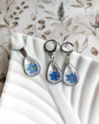 Komplet biżuterii łezki z niezapominajkami, prezent dla Mamy